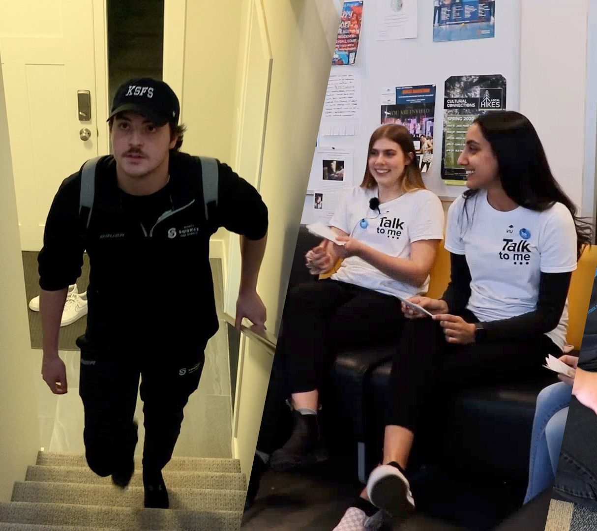 A splitscreen image of a man walking up a staircase on the left, and who women in white VIU "Talk to Me" shirts